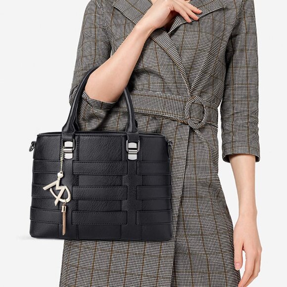 PU Leather Weave Black Shoulder Bag for Women Elegant Top Handle Designer Purse - Picture 2 of 8